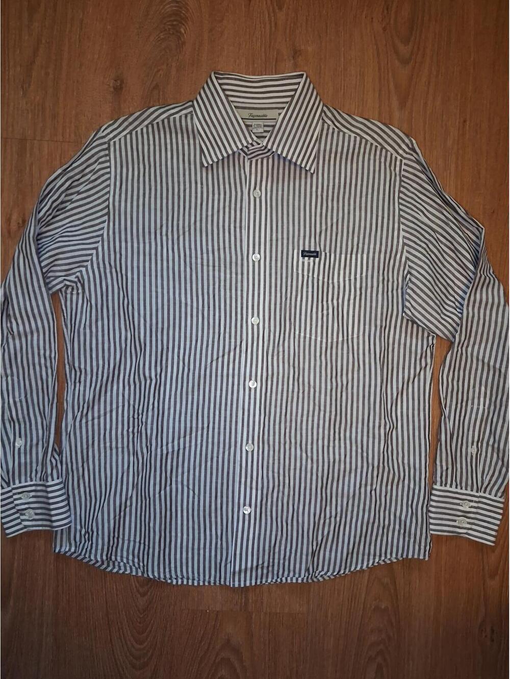 Faconnable Button Up Shirt Large White Brown Striped Linen